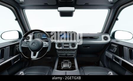 3D-Rendering des Fahrzeuginnenraums aus schwarzem Leder Stockfoto