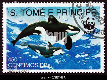 SAO TOME UND PRINIPE - UM 1992: Eine in Sao Tome und Principe gedruckte Marke zeigt Killer Whale, Orcinus Orca, ist Zahnwal, um 1992 Stockfoto