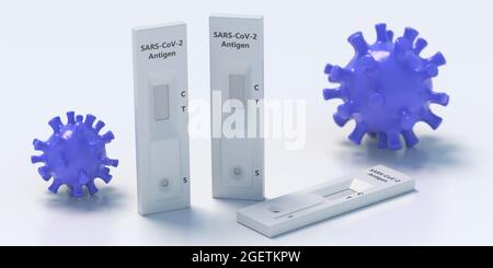 Coronavirus-Antigen-Schnelltests zum Nachweis von Antikörpern. Covid 19 Selbsttestkits isoliert auf weißem Hintergrund. 3d-Illustration Stockfoto