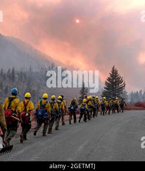 Feuerwehren im Hinterland marschieren in Richtung einer bergigen Gegend nahe dem New River, um das Monument Fire im Shasta Trinity National Forest zu bekämpfen 20. August 2021 in Junction City, Kalifornien. Stockfoto