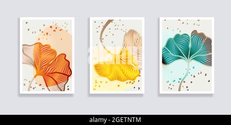 Modisches Set aus minimalistischen abstrakten Blättern und abstrakten Formen. Minimale botanische Wandkunst. Moderne Grafik aus der Mitte des Jahrhunderts. Pflanzenkunst-Design für Social Media Stock Vektor