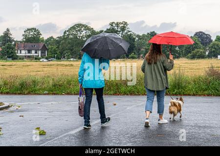 WIMBLEDON LONDON, GROSSBRITANNIEN. 21. August 2021. Zwei Frauen mit Regenschirmen gehen mit ihrem Hund während einer Regendusche in Wimbledon Common. Die Prognose ist für Regen und Gewitter über das Wochenende in einigen Teilen der UKCredit amer ghazzal/Alamy Live News Stockfoto