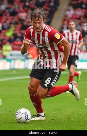SHEFFIELD, GROSSBRITANNIEN. 21. AUGUST Sander Berge von Sheffield United reagiert während des Sky Bet Championship-Spiels zwischen Sheffield United und Huddersfield Town in der Bramall Lane, Sheffield, am Samstag, 21. August 2021. (Kredit: Ioannis Alexopoulos | MI Nachrichten) Kredit: MI Nachrichten & Sport /Alamy Live Nachrichten Stockfoto