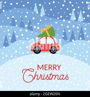 Winterkarte mit einem kleinen roten Oldtimer, der einen Weihnachtsbaum auf der Oberseite trägt. Verschneite Landschaft mit Tannen und Häusern. Stock Vektor
