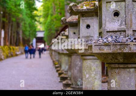 Blick auf die uralte Steinlampe an der Seite des Toshogu-Schreins, die zum berühmten Futarasan-Schrein in Nikko, Präfektur Tochigi, Japan führt. Selektiver Fokus Stockfoto