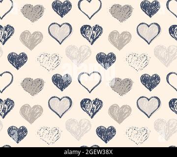 Nahtloses Herzmuster. Ölpastellmalerei. Grunge blaue Herzen auf beigem Hintergrund. Vektorgrafik, Crayon-Bild. Stock Vektor