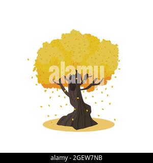 Riesiger Herbstbaum mit großem Stamm. Gelbe und orange fallende Blätter isoliert auf weißem Hintergrund Vektorgrafik. Herbstlaub Stock Vektor