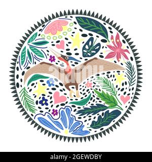 Fliegende Pterodactyl, prähistorische Dinosaurier Sammlung. Uralte Tiere. Von Hand gezeichnet. In einem Rahmen aus Blumen und Blättern. Stock Vektor