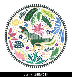 Tyrannosaurus grüne, prähistorische Dinosaurier-Kollektion. Uralte Tiere. Von Hand gezeichnet. In einem Rahmen aus Blumen und Blättern Stock Vektor