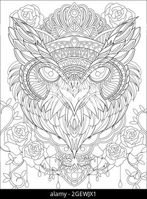 Nahaufnahme Eulenkopf Mit Krone Umschließender Rosenblüten Reben Farblose Linienzeichnung. Nightowl Mit Tiara Umgeben Mit Flower Facing Forward Coloring Stock Vektor