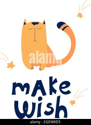 Die Katze sitzt und macht Wünsche während des Falls der stars.Cute Poster von Hand gezeichnete Katze und Schriftzug machen wish.Vector Illustration von Tagträumen für Print, Textil, T-Shirts, Karten, Aufkleber, Poster. Stock Vektor