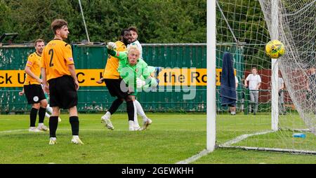 Action vom Isthmian Premier League Fußball, Bognor Regis Town Football Club. Der Torhüter springt in die Luft, als ein Tor über seinen Kopf geschossen wird. Stockfoto