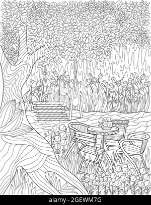 Schwingen Sie sich unter EINEM hohen Baum neben EINEM Tisch mit vier Stühlen, farblose Linienzeichnung. Entspannender Außenbereich Mit Blumen Terrasse Tabletop Malbuch Seite. Stock Vektor