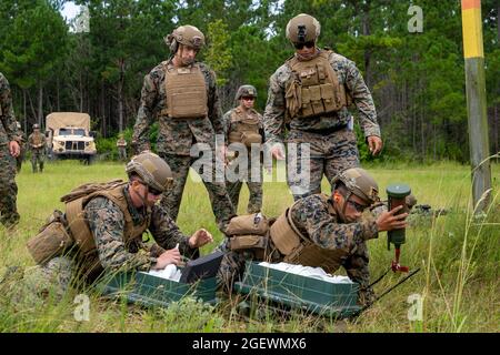 US-Marineinfanteristen mit dem bataillon des 2d Combat Engineer der 2D Marine Division legen ein Antipersonenhindernis Breaching System (APOBS) auf Lager Lejeune, N.C., 18. August 2021. Die APOBS ist ein Sprengstoffladestystem, das manuell platziert und abgefeuert wird, um Truppen im Kampf einen Fußpfad zu räumen. (USA Marine Corps Foto von Lance CPL. Brian Bolin Junior) Stockfoto