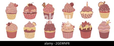 Set von niedlichen kleinen Cupcakes mit Creme und Beeren. Köstliche Wüste mit verschiedenen Dekor. Braun Pastell bestreut Muffins Sammlung. Vektor Stock Vektor