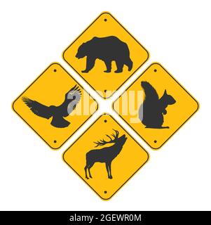 Road signs set of animals . Black color Bear, eagle, deer and squirrel. Stock Vector