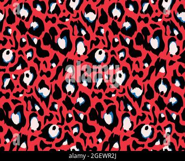 Leopardenmuster, Vektorillustration Hintergrund. Tierdesign. Rote, blaue, weiße, schwarze Farben. Textildruck. Stock Vektor