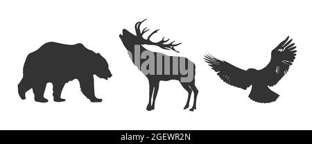 Vector deer, bear, eagle silhouettes isolated on white background. Stock Vector