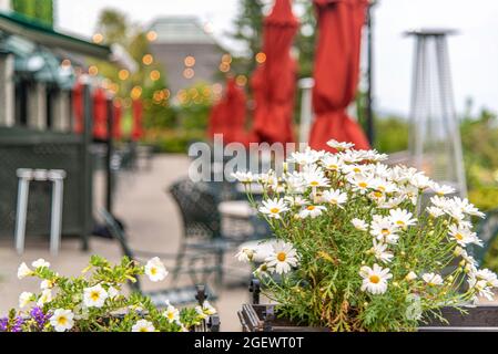 La Malbaie, Kanada - Juli 20 2021: Die schöne Terrasse des Hotels Le Manoir Richelieu in La Malbaie Stockfoto