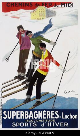 Superbagnères-Luchon (1929) Leonetto Cappiello (italienisch, 1875-1942). Vintage-Werbeplakat. Skifahren, Winter, Hotel, alpen. Stockfoto