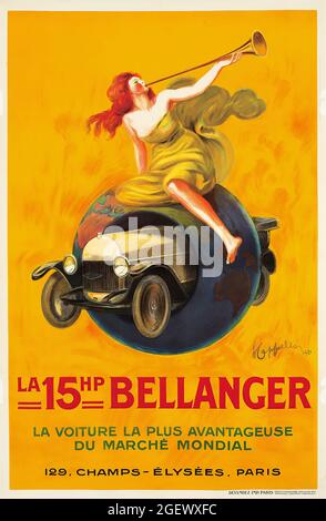 Werbeplakat für Oldtimer - La 15hp Bellanger (1921) - Leonetto Cappiello. Werbeplakat. Stockfoto