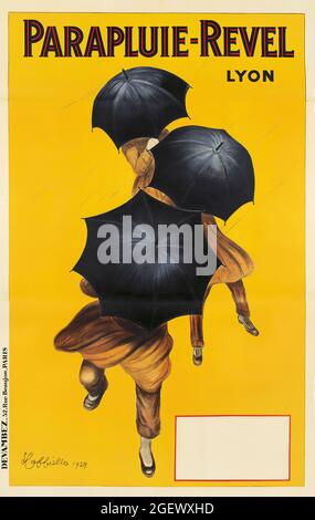 Leonetto Cappiello Kunstwerk. Jugendstil. Vintage-Werbeplakat. Parapluie-Revel. Männer mit Regenschirmen. Lyon, Frankreich. 1922. Stockfoto