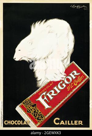 Leonetto Cappiello Kunstwerk. Vintage Werbeplakat für Frigor Chocolat Cailler feat. Ein Eisbär auf der Verpackung. 1920s. Stockfoto