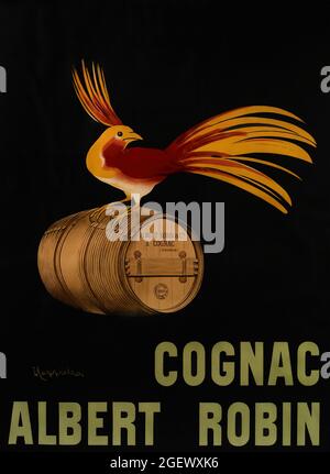 Leonetto Cappiello Kunstwerk. Jugendstil. Vintage-Werbeplakat. Cognac Albert Robin. Vogel auf Fass. 1906. Stockfoto