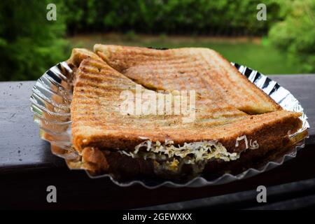 Käsefleisch Gegrilltes Sandwich getoasteter Grill Frühstücksartikel Draufsicht auf weißem Hintergrund. Leckeres vegetarisches kitschiges Gemüse mit grünem Chutney-Sand Stockfoto