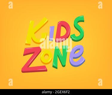 Beschriftungsetikett für Kids Zone-Vektorgrafiken. Farbenfroher Text für Kinder im Cartoon-Stil Stock Vektor