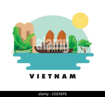 vietnam Kultur Schiff und Boot-Szene Stock Vektor
