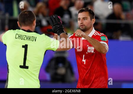 21. August 2021; Luzhniki-Stadion, Moskau, Russland: FIFA World Cup Beach Football Turnier; leksey Makarov aus Russland, während des Spiels zwischen Russland und Paraguay, für die 2. Runde der Gruppe A Stockfoto