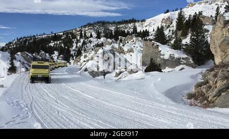 Xanterra Bombardier-Schneebusse machen ihre letzte Reise durch die Hoodoos ; Datum: 7. März 2016 Stockfoto