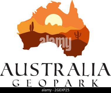 Australien Karte Sonnenuntergang Landschaft Hintergrund Kaktus Berg Vektor Logo Design Stock Vektor