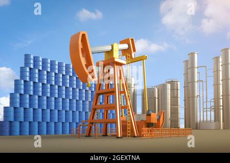 c-Konzept mit 3d-Rendering-Rohölpumpe mit Ölraffinerie und Fass Stockfoto