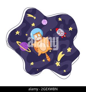 Katzenastronaut fliegt mit Rakete im Weltraum Cartoon Illustration. Handgezeichnete niedliche kosmische Tierskizze für Logo, Kinder Grafik-T-Shirts, Drucke, Aufkleber, Poster und Kinderzimmer-Dekor Stock Vektor