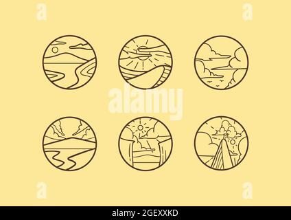 Abstraktes organisches Abenteuer-elliptisches Abzeichen mit handgezeichneter Illustration Stock Vektor