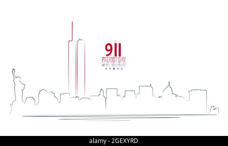 Vektor-Illustration des Patriot Day 911-jähriges Jubiläum. USA Patriot Day Banner mit hohen Türmen von New York zusammen mit Twin Tower World Trade Center Stock Vektor