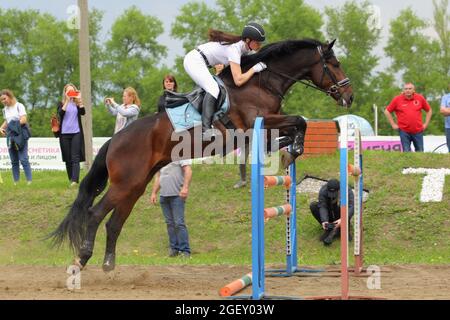 Junge Sport mädchen sprung Hindernis mit Bay Horse Stockfoto