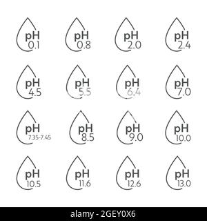 Symbole der pH-Wert-Skala. Infografik zum Säure-Basen-Gleichgewicht. Bildungsposter Stock Vektor