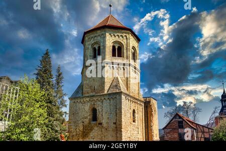 Nahaufnahme eines Turms des Klosters Gollingen, Kyffhauserkreis, Thüringen, Deutschland Stockfoto