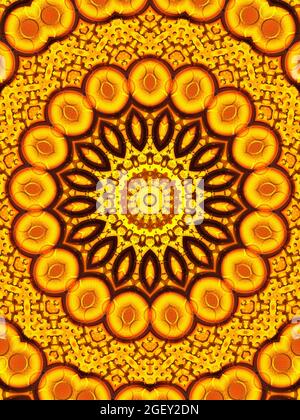 Sonnenblume Kaleidoskop Hintergrund. Schöne gelbe Sonnenblumen nahtloses Muster. Einzigartige Kaleidoskop Mosaik Textur. Sommer Blumen Thema Vertic Stockfoto