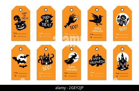 Halloween-Tag-Set. Vector Halloween Geschenkanhänger in orange und schwarz auf weiß isoliert. Design Vorlage Label Kollektion mit Urlaub Illustration Stock Vektor