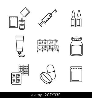 Flache Symbole für medizinische Präparate. Piktogramm für Web. Linienhub. Isoliert auf weißem Hintergrund. Vektor EPS10. Preparats für die Gesundheitsversorgung Stockfoto