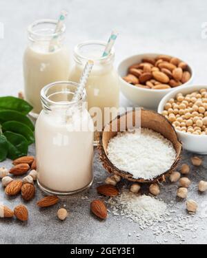 Alternative Arten von veganen Milchsorten in Glasflaschen auf betontem Hintergrund. Draufsicht Stockfoto