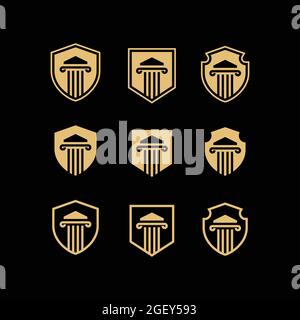 LOGO DER SÄULE. SÄULE MIT SCHILD-LOGO SCHWARZ UND GOLD. SÄULE LUXUS-LOGO VEKTOR-KOLLEKTION.RECHTSANWALT & GESETZ-LOGO Stock Vektor