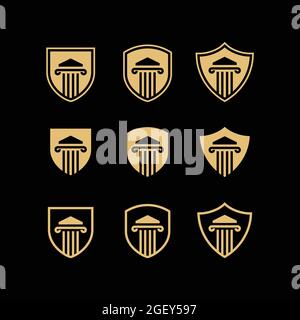 LOGO DER SÄULE. SÄULE MIT SCHILD-LOGO SCHWARZ UND GOLD. SÄULE LUXUS-LOGO VEKTOR-KOLLEKTION.RECHTSANWALT & GESETZ-LOGO Stock Vektor