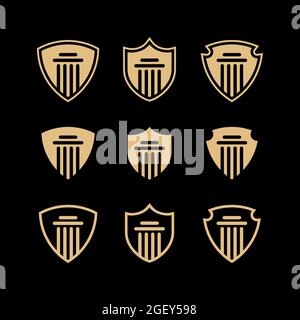 LOGO DER SÄULE. SÄULE MIT SCHILD-LOGO SCHWARZ UND GOLD. SÄULE LUXUS-LOGO VEKTOR-KOLLEKTION.RECHTSANWALT & GESETZ-LOGO Stock Vektor
