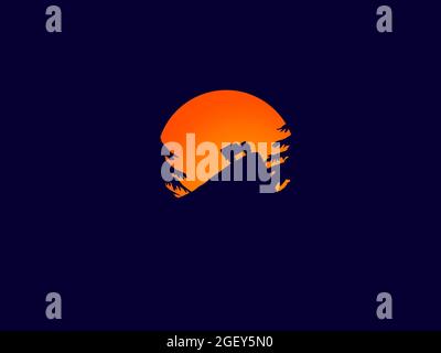 Minimalistisches Sonnenuntergang Ansicht Illustration Landschaft Flachdesign. Stockfoto