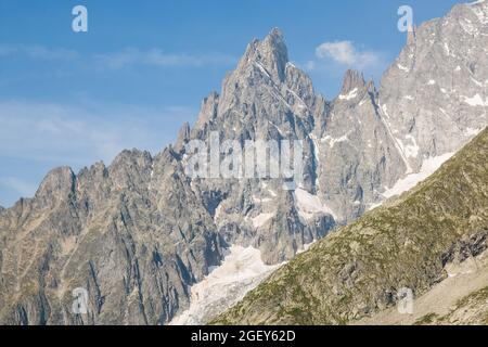 Panoramablick auf die westalpen mit dem Riesenzahn (Dent du Geant) vom Helbronner Dach Europas im Aostatal in Italien Stockfoto